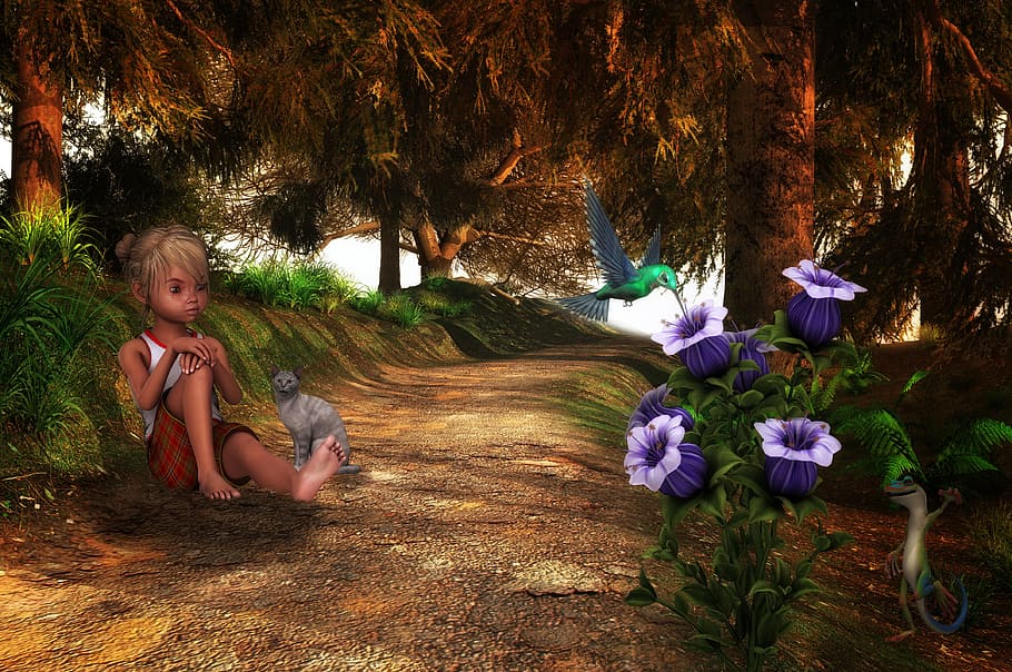 niña, sentado, frente, púrpura, flor de pétalos, gato, bosque, lejos, gecko, alegre