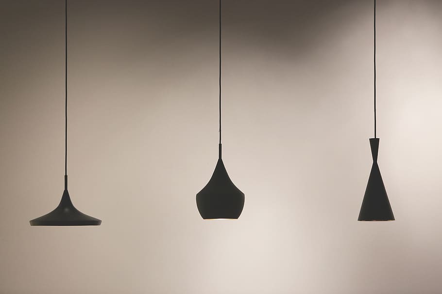 lights, lamp shades, design, hanging, indoors, wall - building feature, side by side, lighting equipment, illuminated, black color