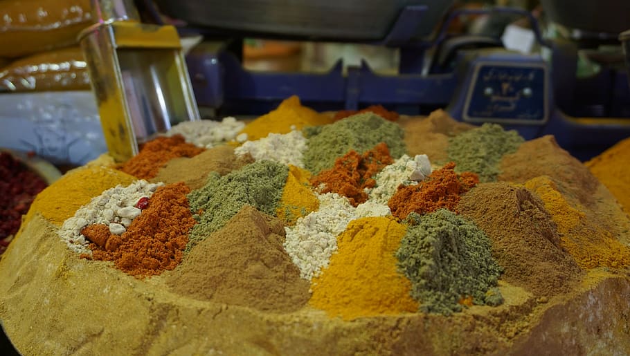 spices, bazaar, isfahan, iran, spice, yellow, freshness, close-up, indoors, food and drink