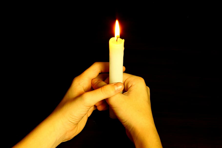 person, holding, white, candle, communion, light, prayer, religion, praying, hands