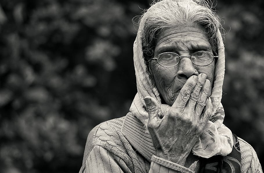grayscale photography, woman, wearing, eyeglasses, old lady, black and white, monochrome, art, lady, female