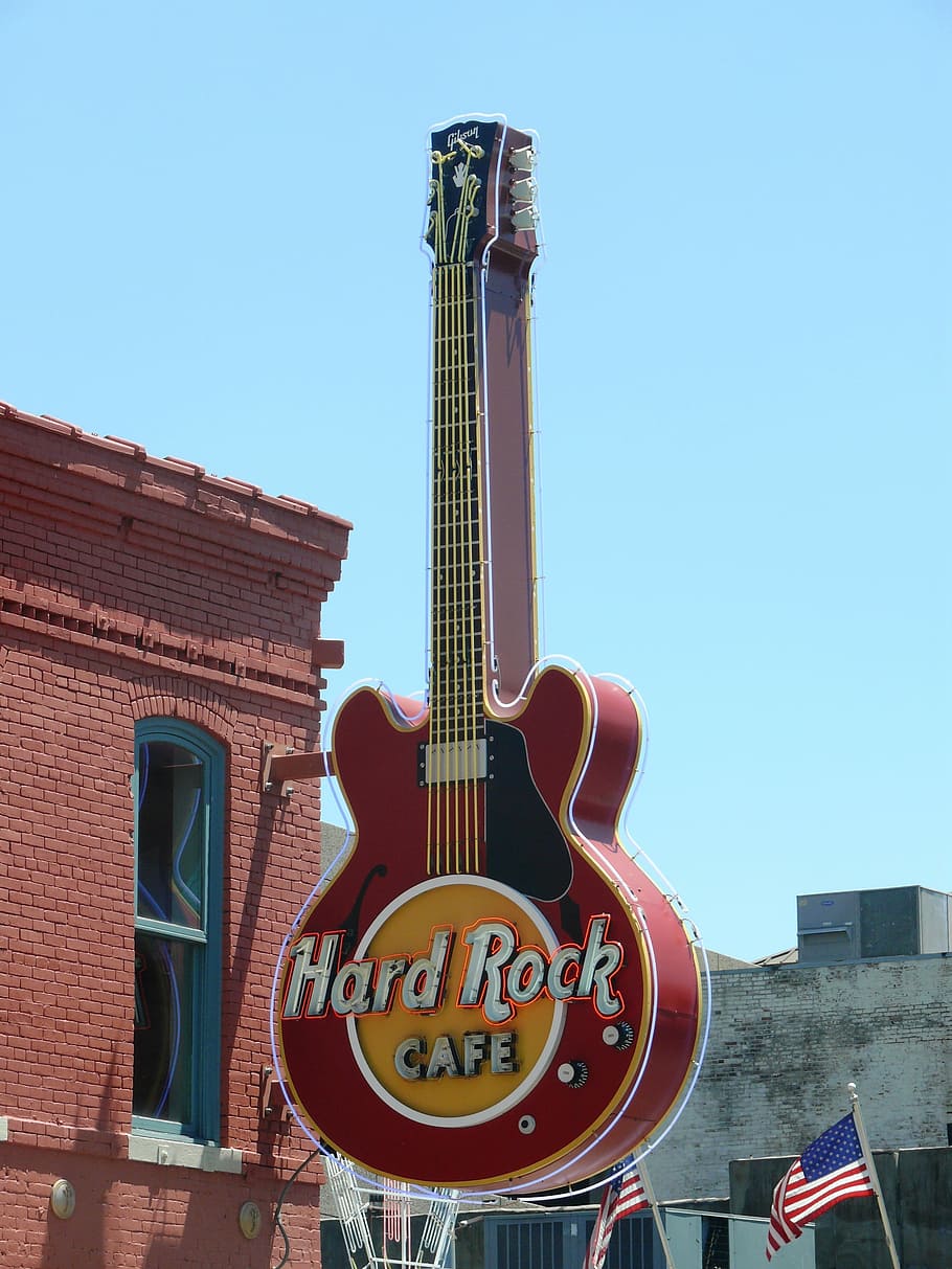 Gitar, Hard Rock Cafe, Memphis, kafe hard rock memphis, usa, amerika, eksterior bangunan, komunikasi, struktur yang dibangun, arsitektur
