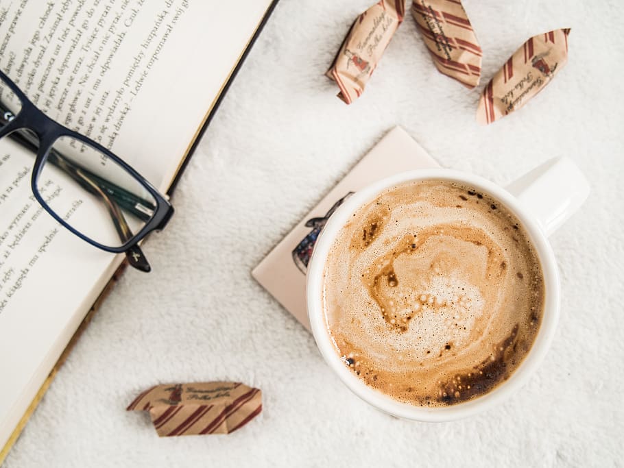 buku, bacaan, kacamata, kopi, pagi, benda, kopi - minum, minum, cangkir, cangkir kopi