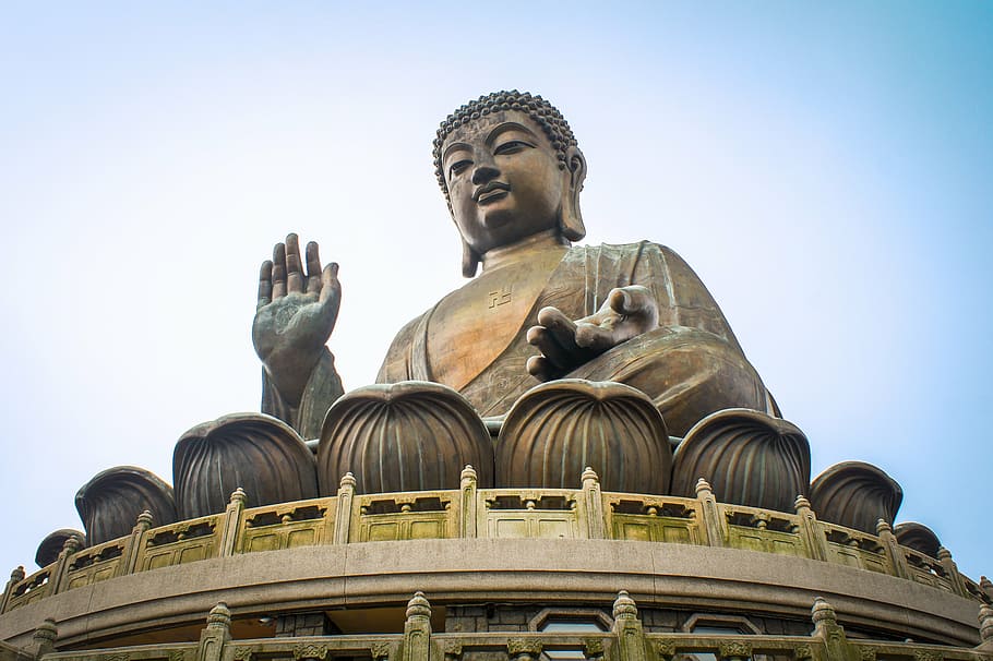 gold gautama buddah statue, hong kong, lantau island, buddha, religion, temple, statue, landmark, china, travel