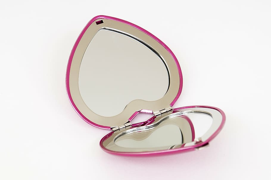 heart-shaped, pink, silver, framed, mirror, pocket mirror, heart, makeup mirror, pink color, studio shot