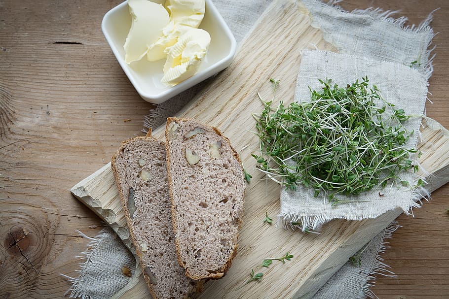 two, toasted, bread, brown, chopping, board, cress, green, herbs, natural product