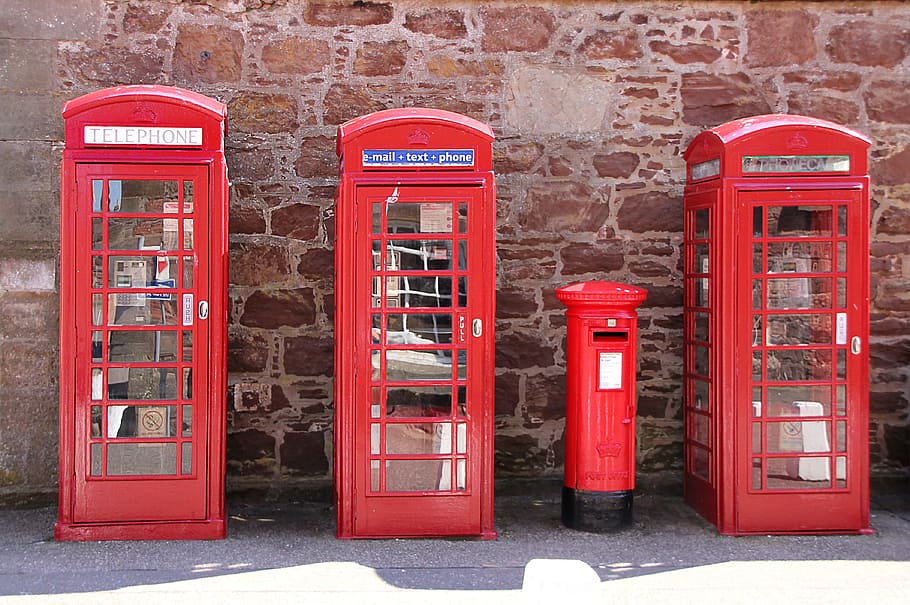 three, closed, red, payphones, scotland, british, phone, phone booth, wall, communication