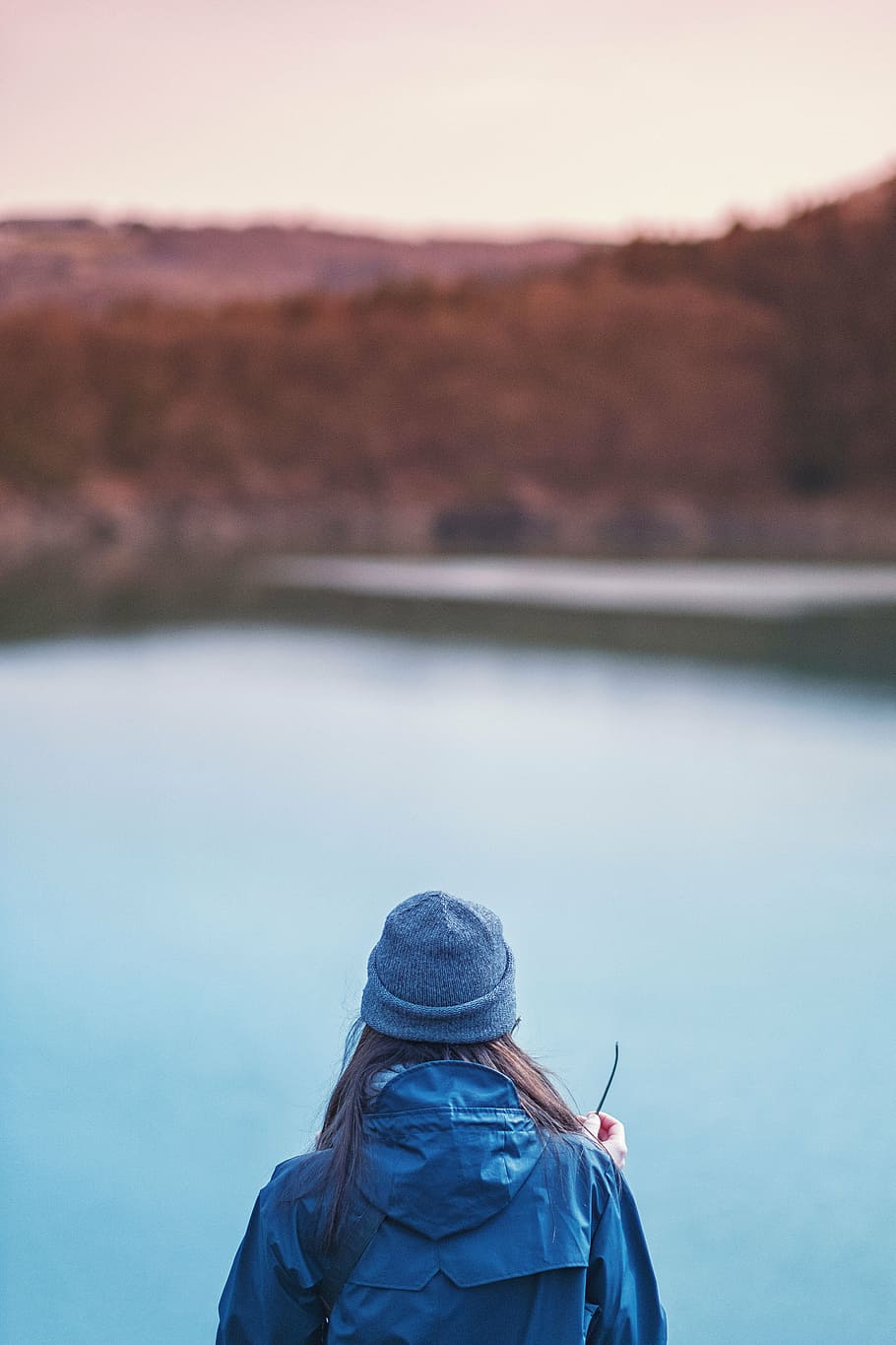 person, standing, body, water, daytime, people, girl, woman, blue, beanie