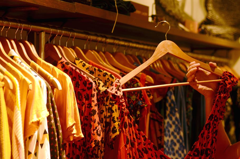 clothing, ibiza, boutique, femininity, hanging, coathanger, choice, retail, variation, indoors