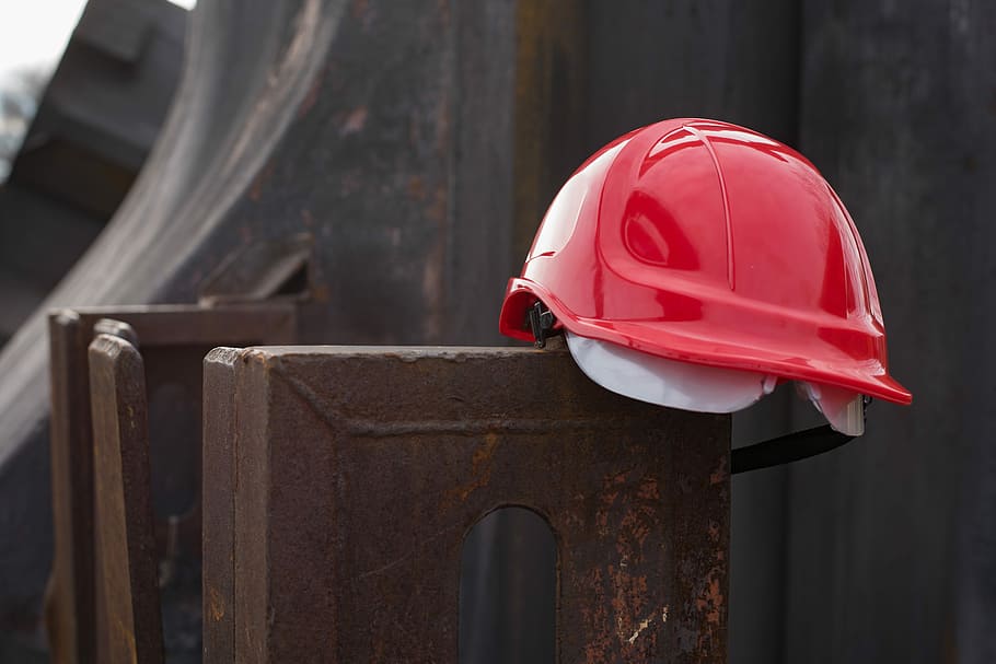 red hard hat, helmet, work protection, construction, metal, iron, red, industry, building, protection