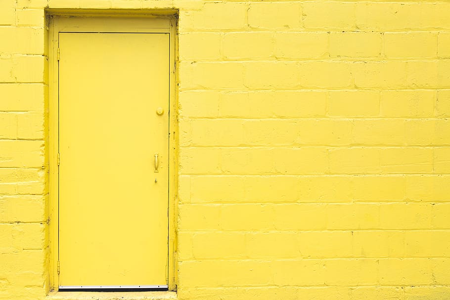 yellow, door, wall, brick, backgrounds, texture, urban, building, entrance, industry