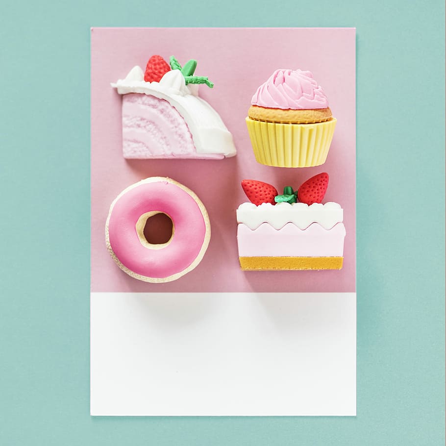strawberry cake, doughnut, arranged, art, background, birthday, cake, candy, card, cupcake