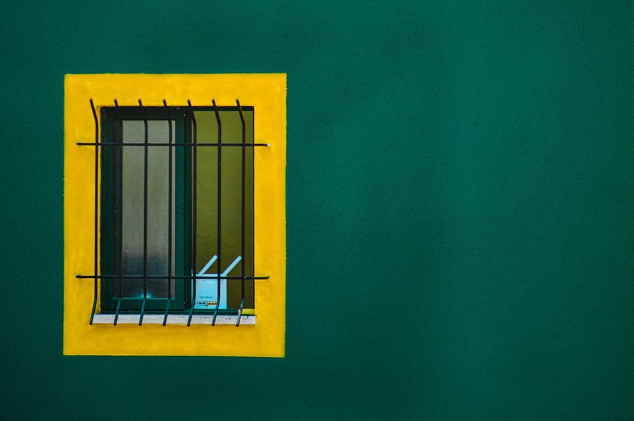 wall, green, texture, contrast, window, bars, barred, yellow, house, painted