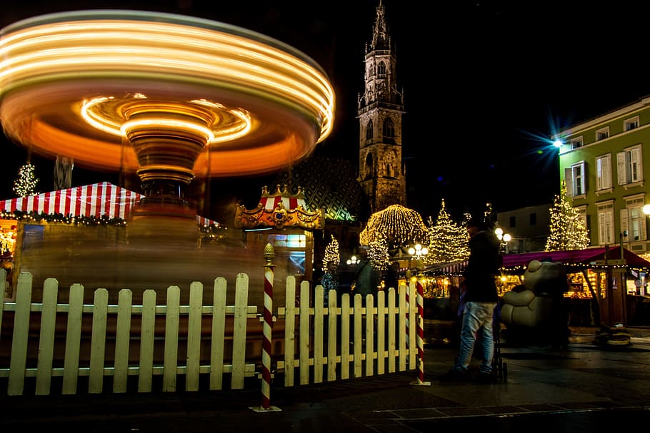 tiempo, transcurrido, fotografía, carrusel, noche, Mercado de Navidad, navidad, nicholas, santa claus, düsseldorf
