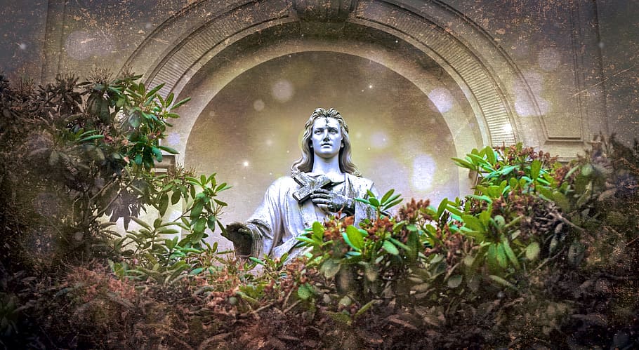 statue, holding, cross, surrounded, green, leaves, Concrete, green leaves, jesus, figure