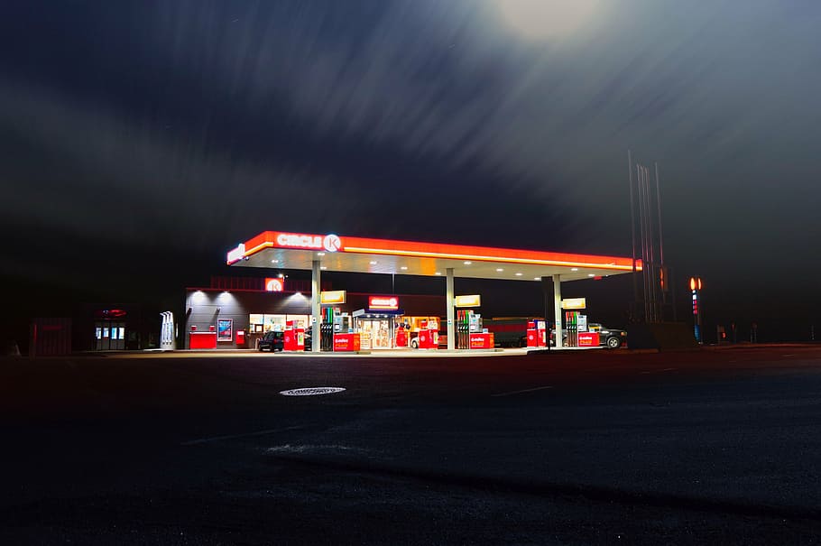 foto, estación de gasolina, oscuro, noche, llenado, gas, estación, combustible, iluminado, estación de servicio