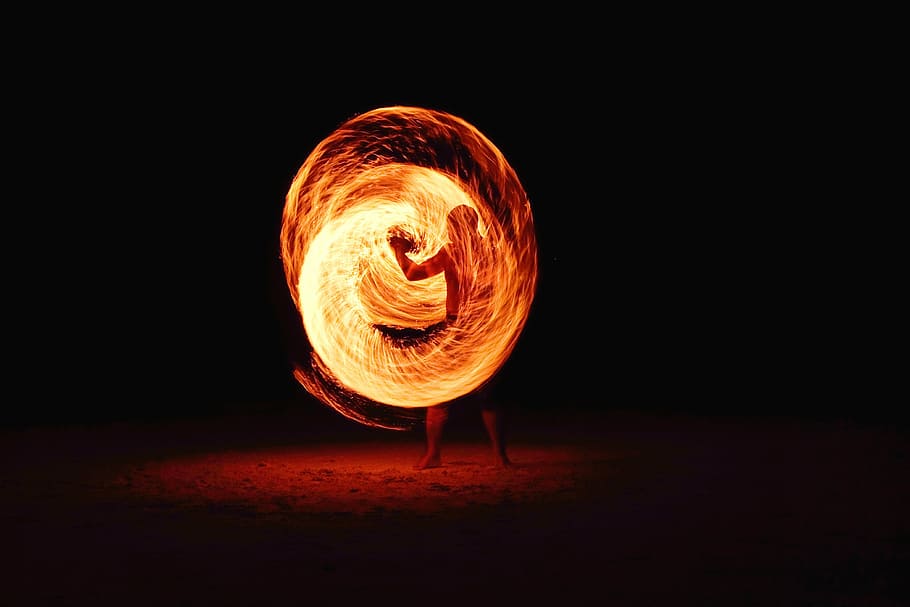 person, flame, dancing, time, lapse, fireball, ring of fire, fire, burn, black