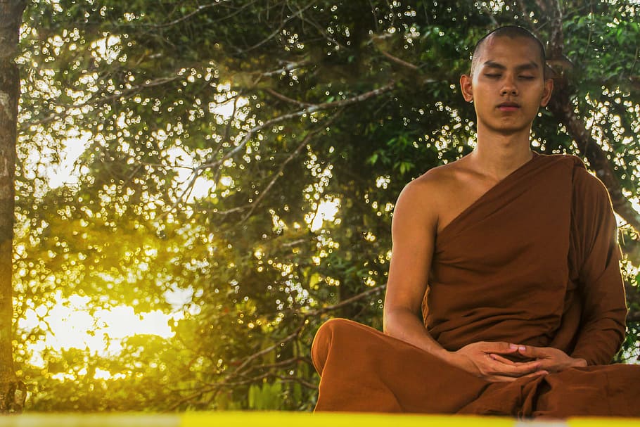 man, brown, kasaya robe, meditating, meditate, theravada buddhism, monk, meditating monk, buddhism, meditation
