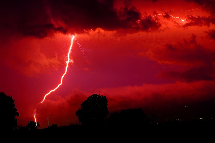 rayo, destello, rojo, energía, corriente, naturaleza, cielo, noche, infierno, tormenta