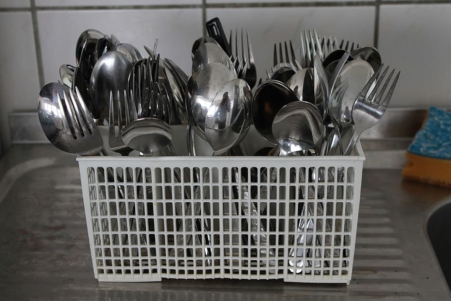 cutlery basket, cutlery, fork, spoon, rinsed, kitchen, kitchen utensil, domestic kitchen, home, household equipment