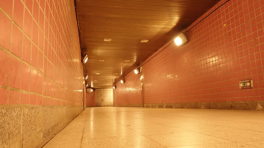pedestrian underpass, tunnel, tile, marble, indoor, pathway, illuminated, lighting equipment, flooring, architecture