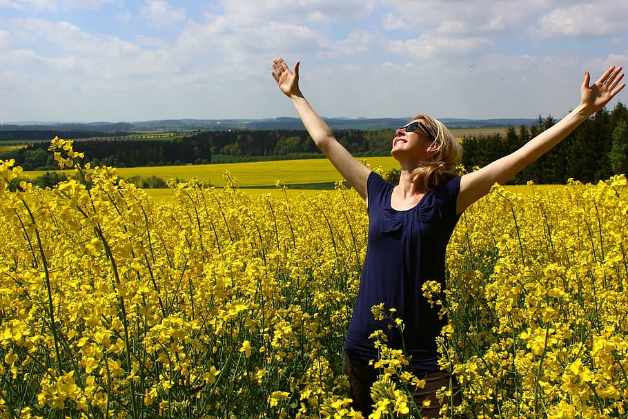 woman, blue, scoop-neck dress, smiling, looking, sky, besides, yellow, petaled flower field, daytime