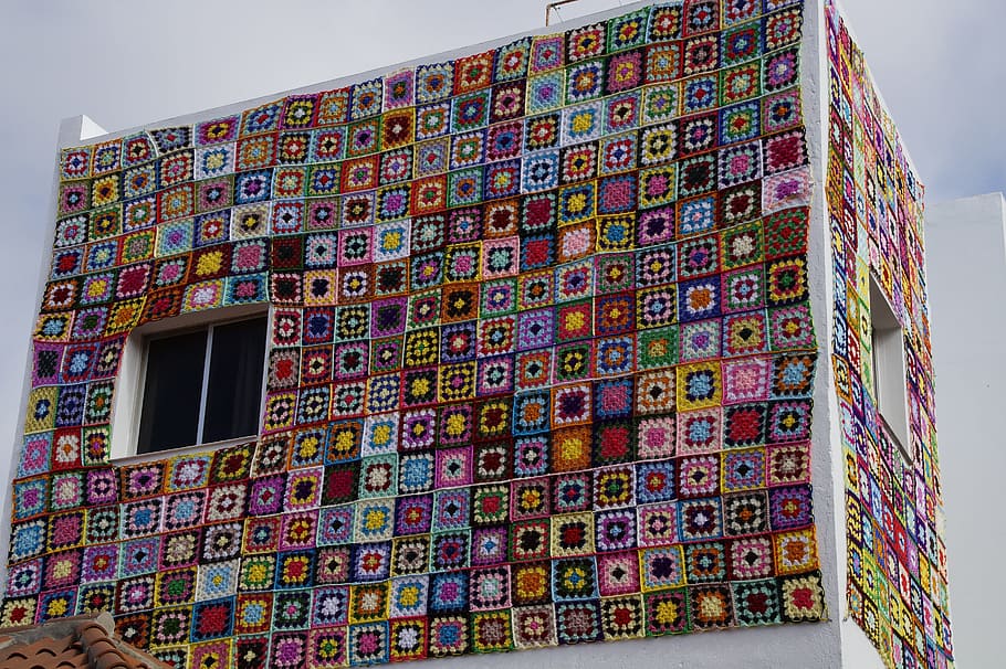 multicolored, building, cloudy, skies, Home, Crochet, Patchwork, Colorful, dropouts, tenerife
