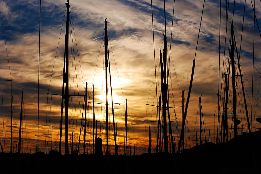 silueta, barco, dorado, hora, puesta de sol, foto, veleros, anochecer, cielo, nubes