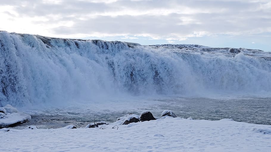 white, snow, winter, cold, beautiful, amazing, force, raging, waterfall, faxafoss waterfall