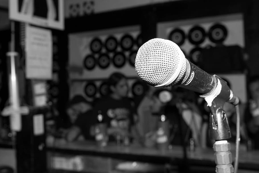 greyscale photography, corded, Rock, Bar, Microphone, Music, Acoustic, rock, bar, indoors, one person