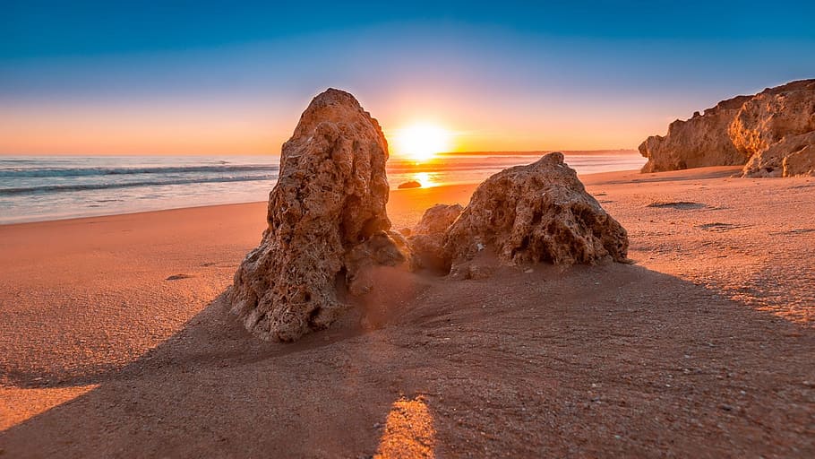 two, brown, rock formations, ocean, sunset, Sunset, Beach, Algarve, Portugal, beach, scenics