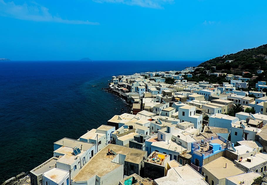 greece, kos, nisyro, nisyros, houses, white houses, buildings, roof, roofs, sea