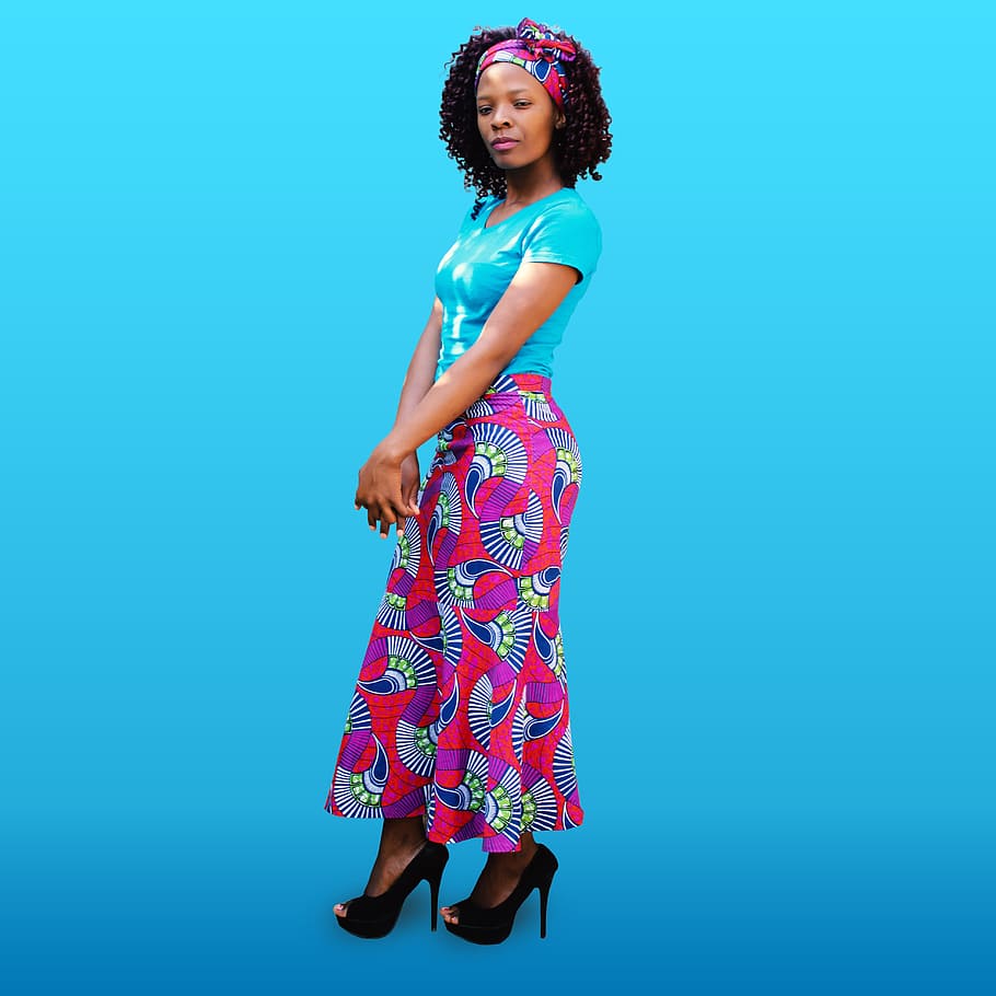 african attire, woman, beauty, stylish, fashion, studio shot, smiling, one person, colored background, women