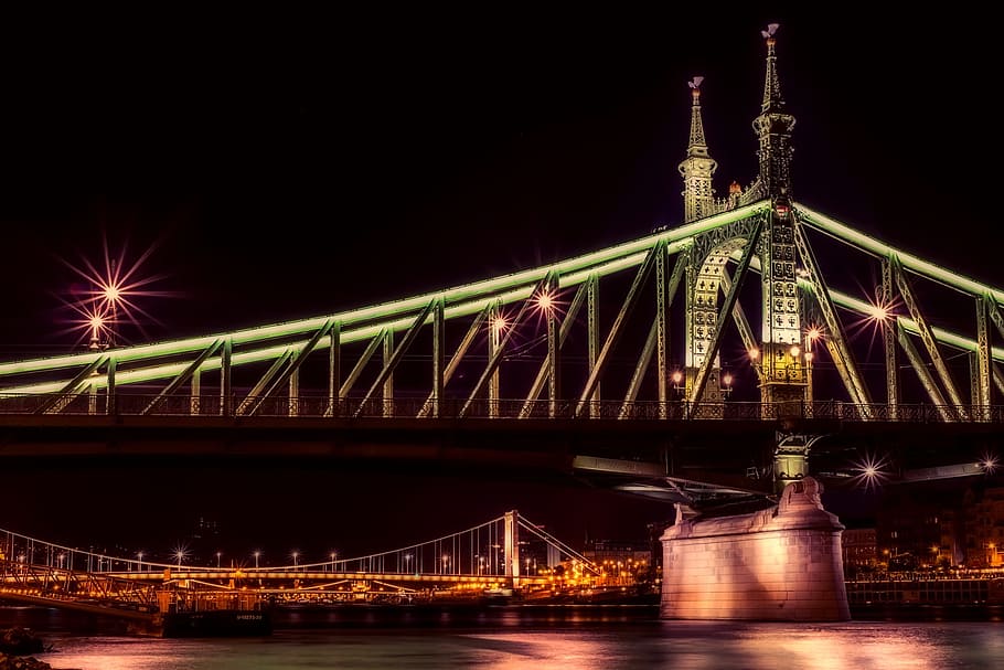 jembatan selama malam hari, budapest, hungary, jembatan liberty, tengara, bersejarah, sungai, malam, lampu, cahaya