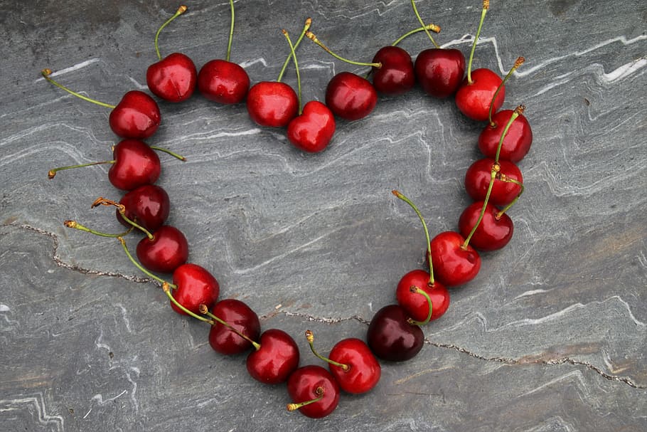 red, cherries, forming, heart, symbol, for you, red fruits, fresh, fruit, ripe fruit