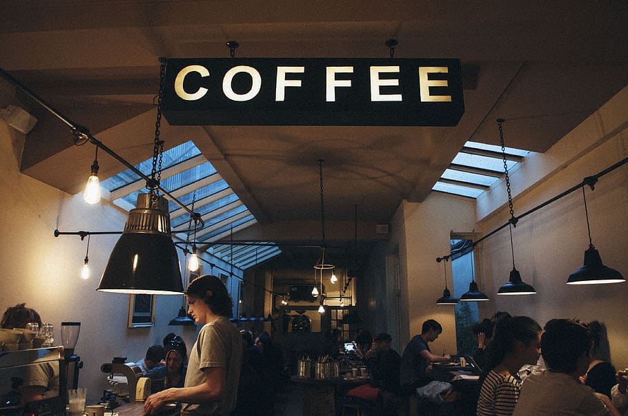 café, loja, restaurante, pessoas, cliente, cafeteira, cafeína, lâmpada, pessoas reais, grupo de pessoas