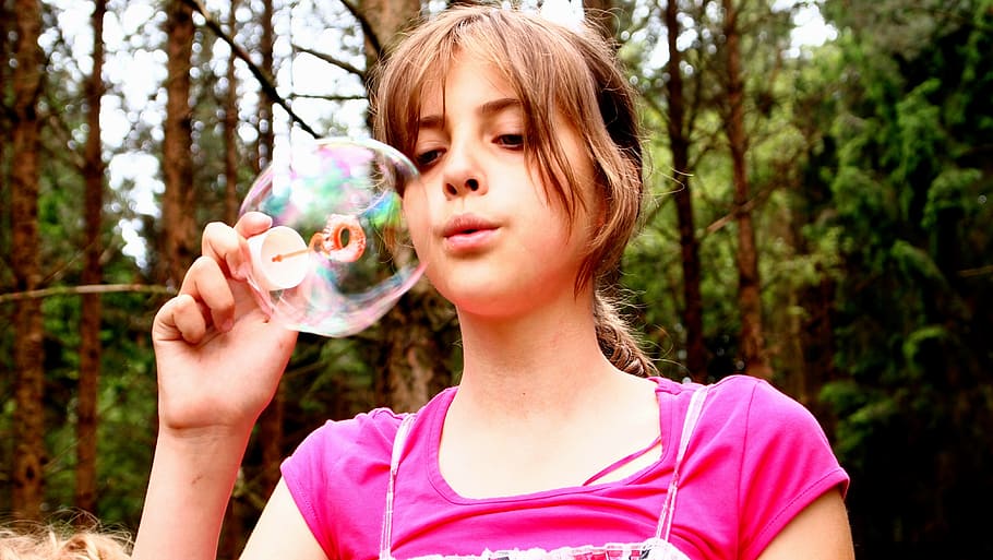 blow bubbles, girl, pink, forest, happy, fir tree, face, play, nature, headshot