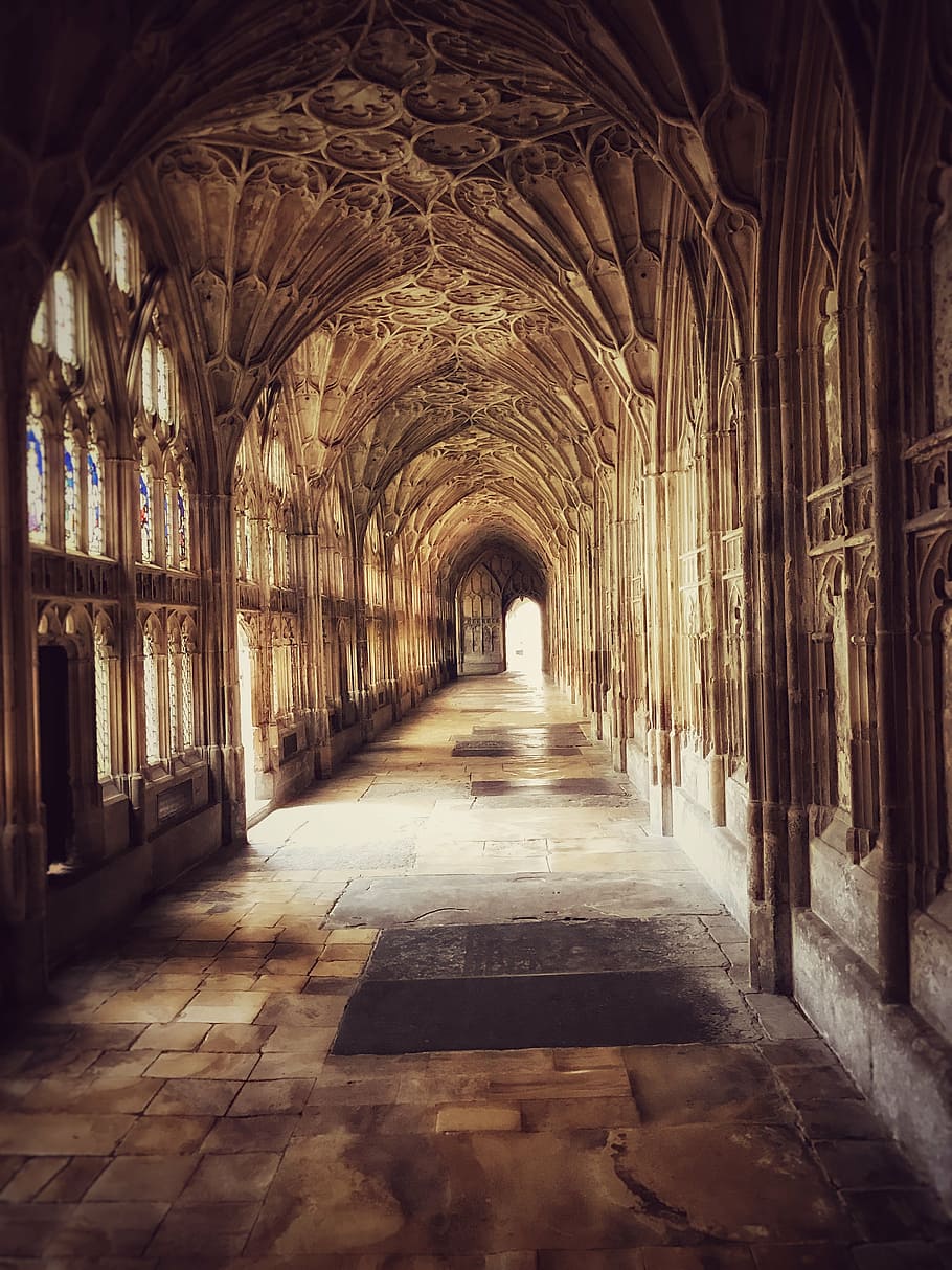 building hallway, cathedral, cloisters, harry potter, church, religion, landmark, building, old, historical