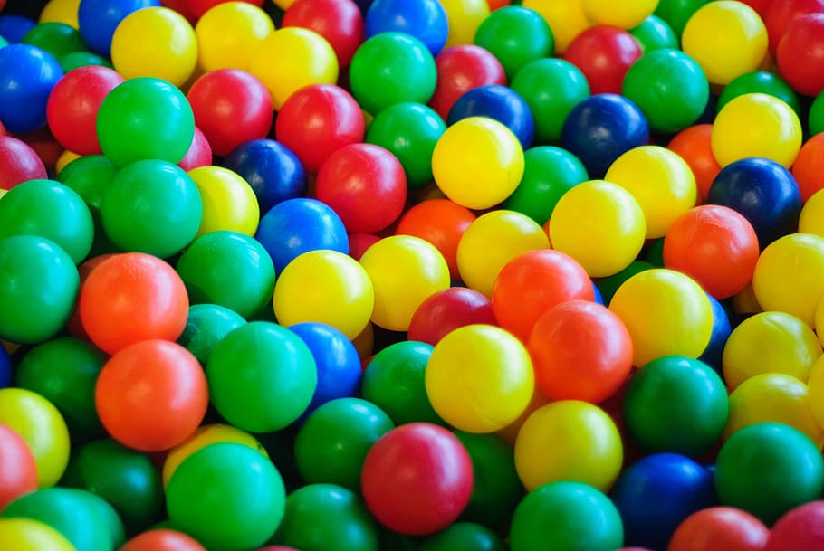 aneka-warna banyak bola plastik, bola, mainan, bermain, tentang, plastik, warna-warni, biru, hijau, kuning