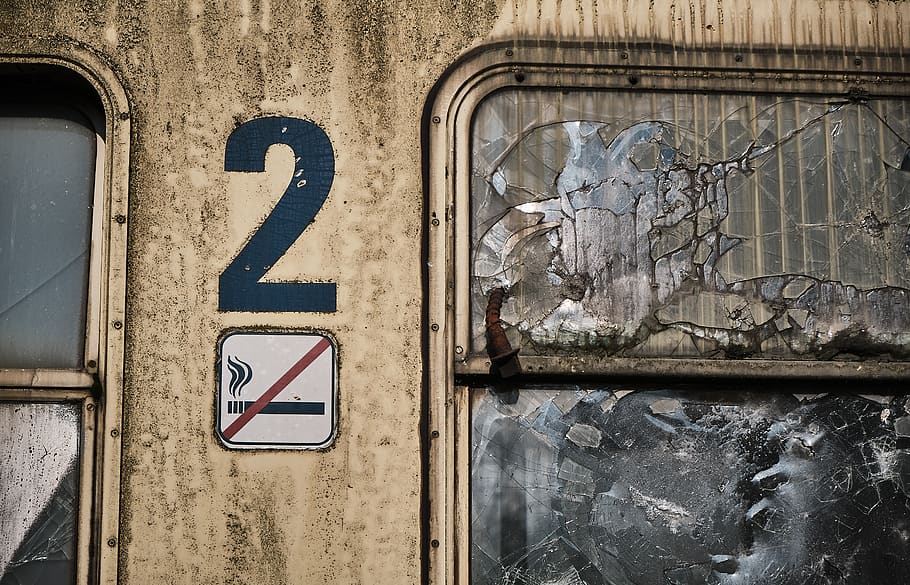 vagão, fragmento, 2, classe, não fumar, vandalismo, janela, trem, velho, descartado