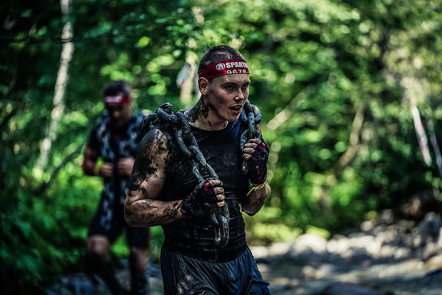 spartan, young man, ocr, obstacle course racing, carrying, chains, hardship, spartan race, harsh, tough