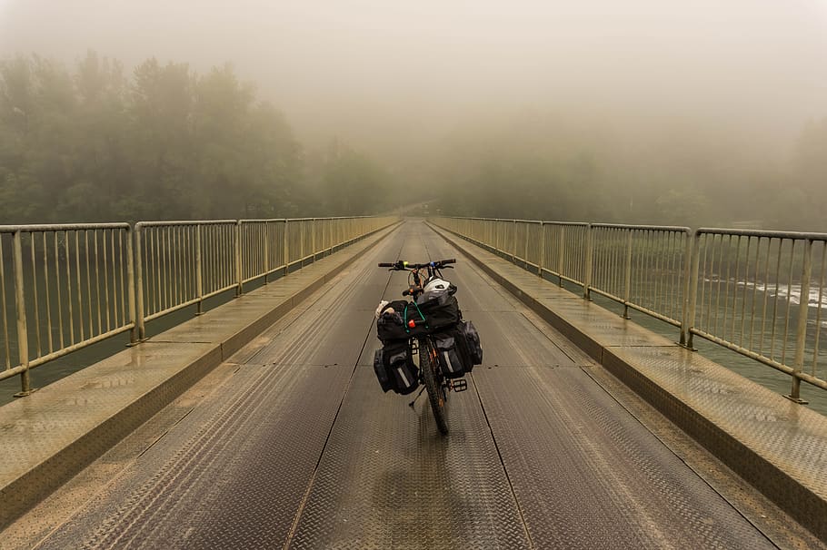 bike, bridge, foggy, transportation, mode of transportation, fog, motorcycle, road, full length, nature