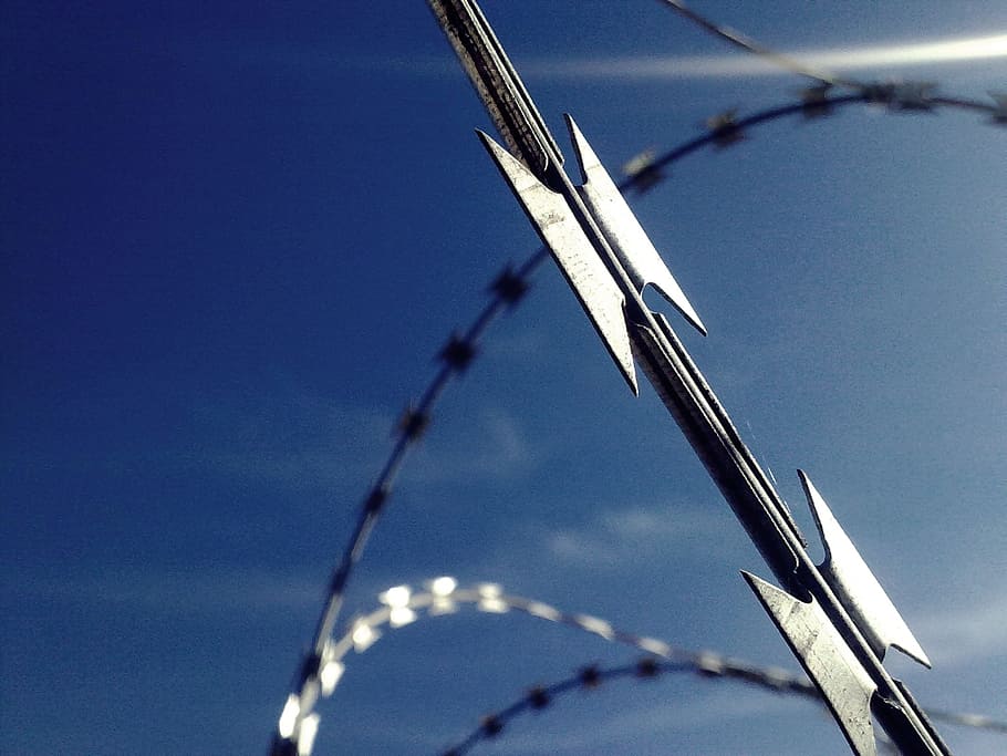 Wiring, Wire, Perimeter Fence, barbed wire, risk, metal, caution, blue, sky, sport