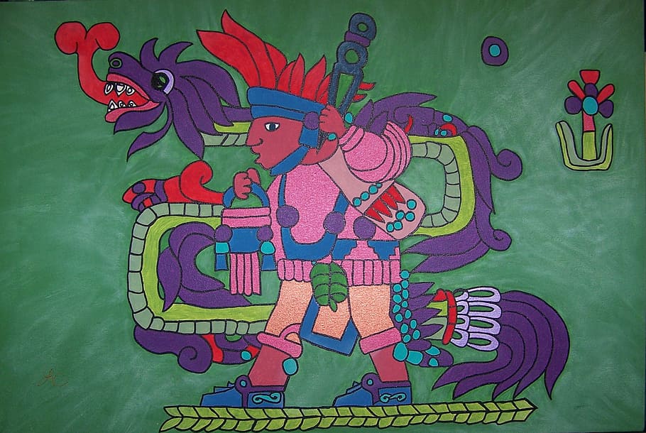 tribal, hero, dragon painting, quetzalcoatl, aztec, kulkulcan, feathered serpent, acrylic, canvas, incas