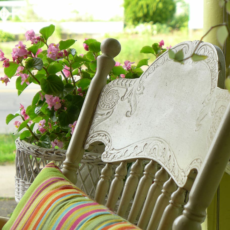 white, wooden, chair, throw, pillow, Porch, summer, front porch, rocking chair, rustic