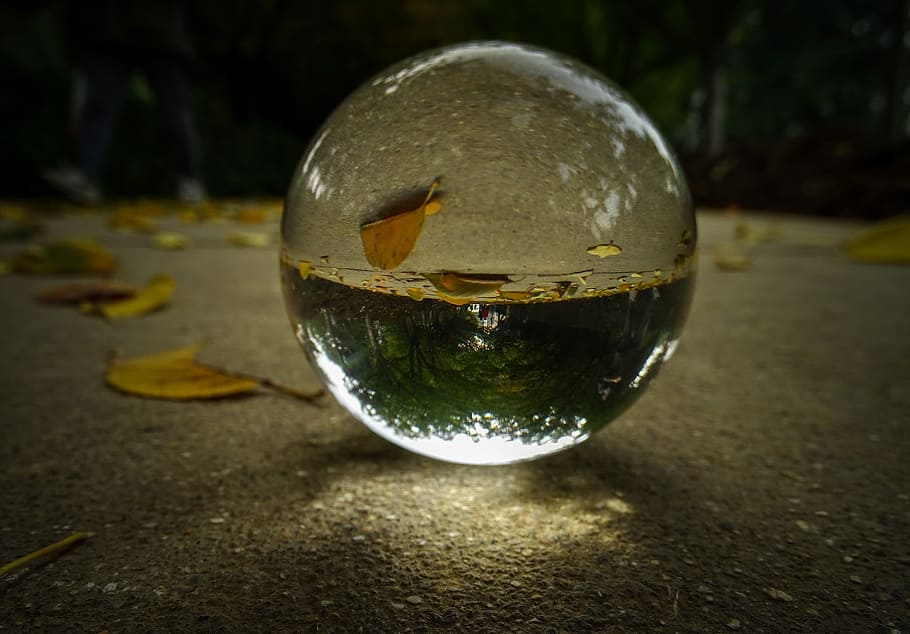 crystal ball, autumn, trail, reflection, fantasy, upside down, small world, sphere, close-up, focus on foreground