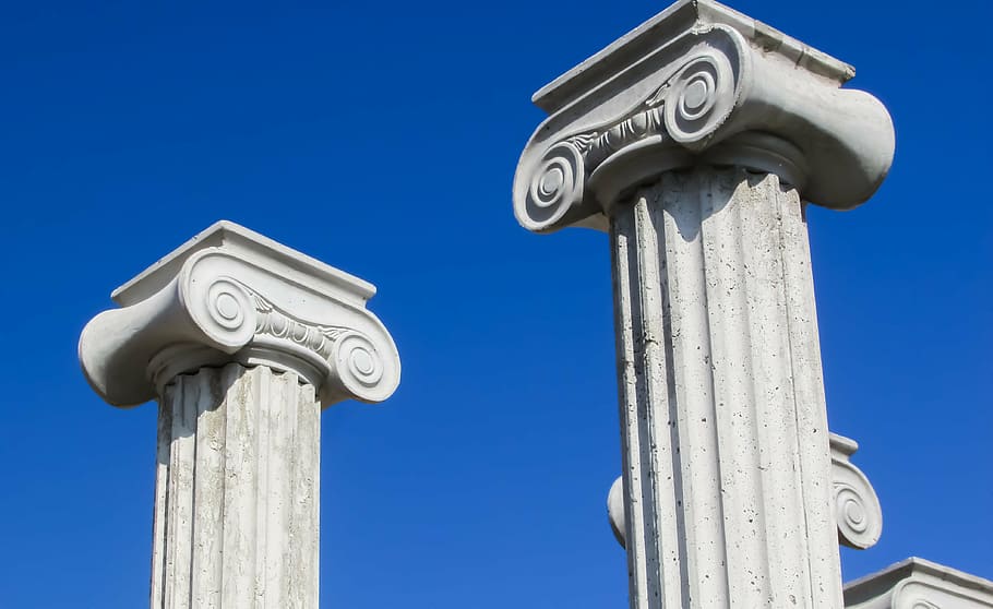 2つの白い柱, 柱の首都, ギリシャ語, 建築, 柱, イオン, エレガンス, クラシック, 空, 意匠柱
