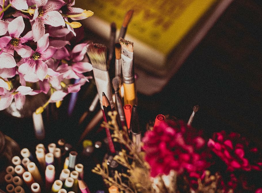 assorted-color pens, pink, petaled flowers, flowers, color, pencil, paint, brush, flower, close-up