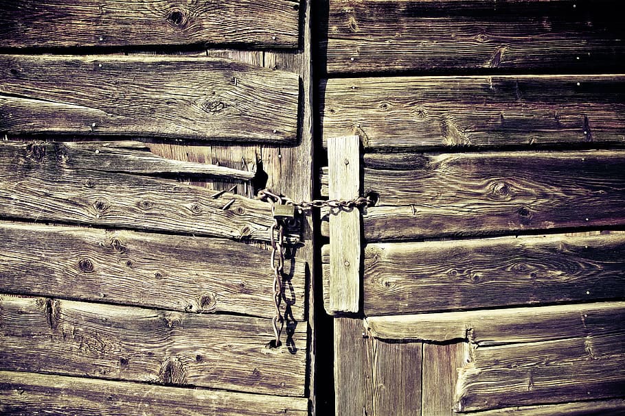 brown, wooden, door, chains, wooden gate, barn, closed, forest lodge, scale, run down