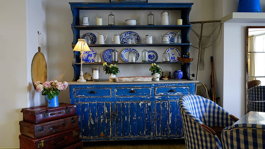 blue, wooden, sideboard, rack, chairs, home, interior, room, house, furniture